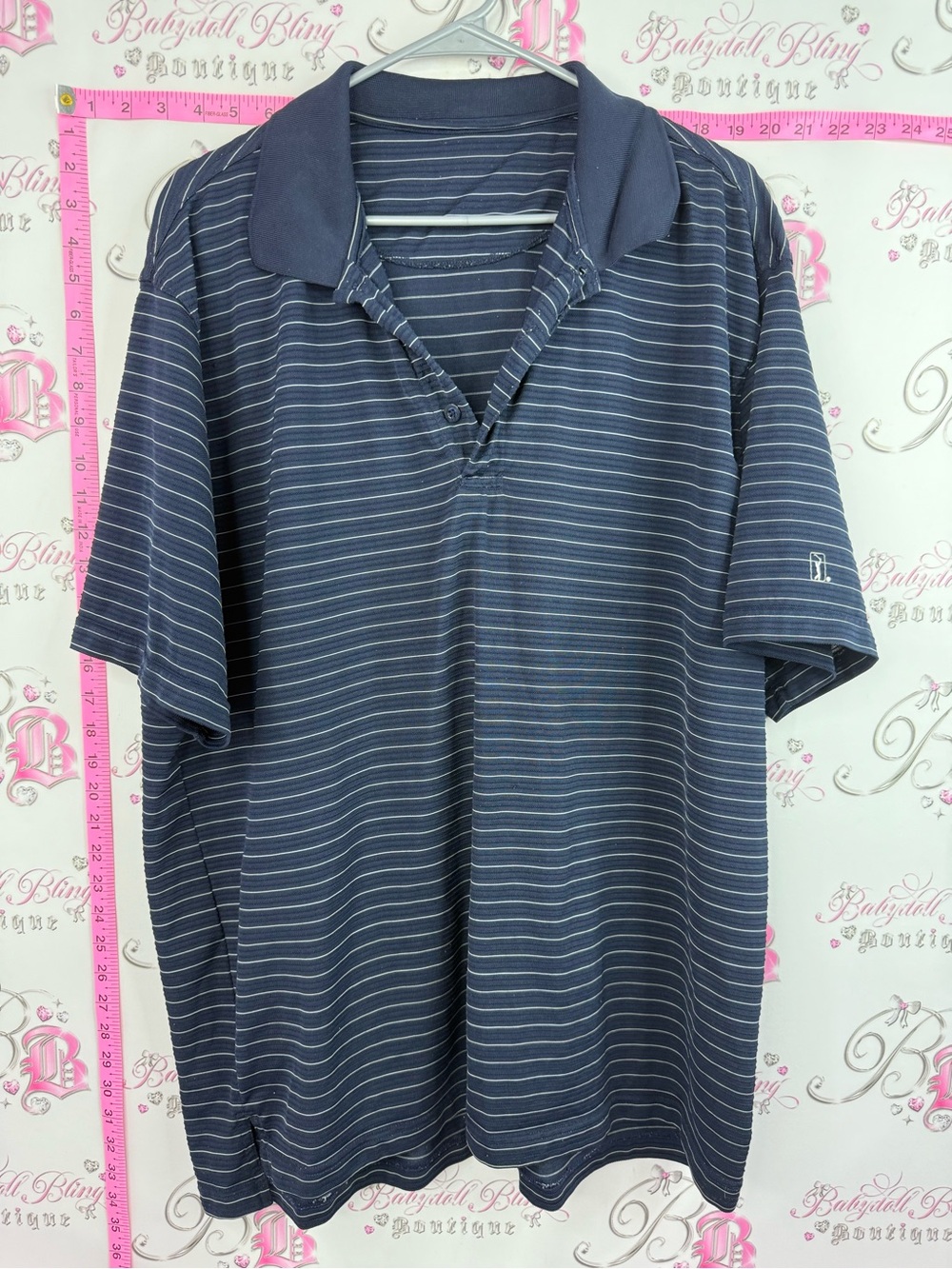 PGA Tour Navy and White Striped Short-Sleeve Button Down Polo